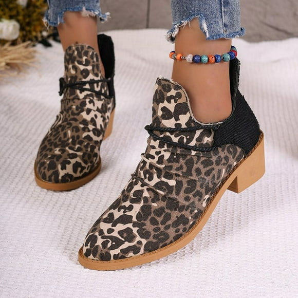 Bmisegm Boots for Women Booties Wide Ladies Fashion Retro Leopard Pattern Patchwork Canvas Back Zipper Thick Heel Short Boots Boots for Women Black 8