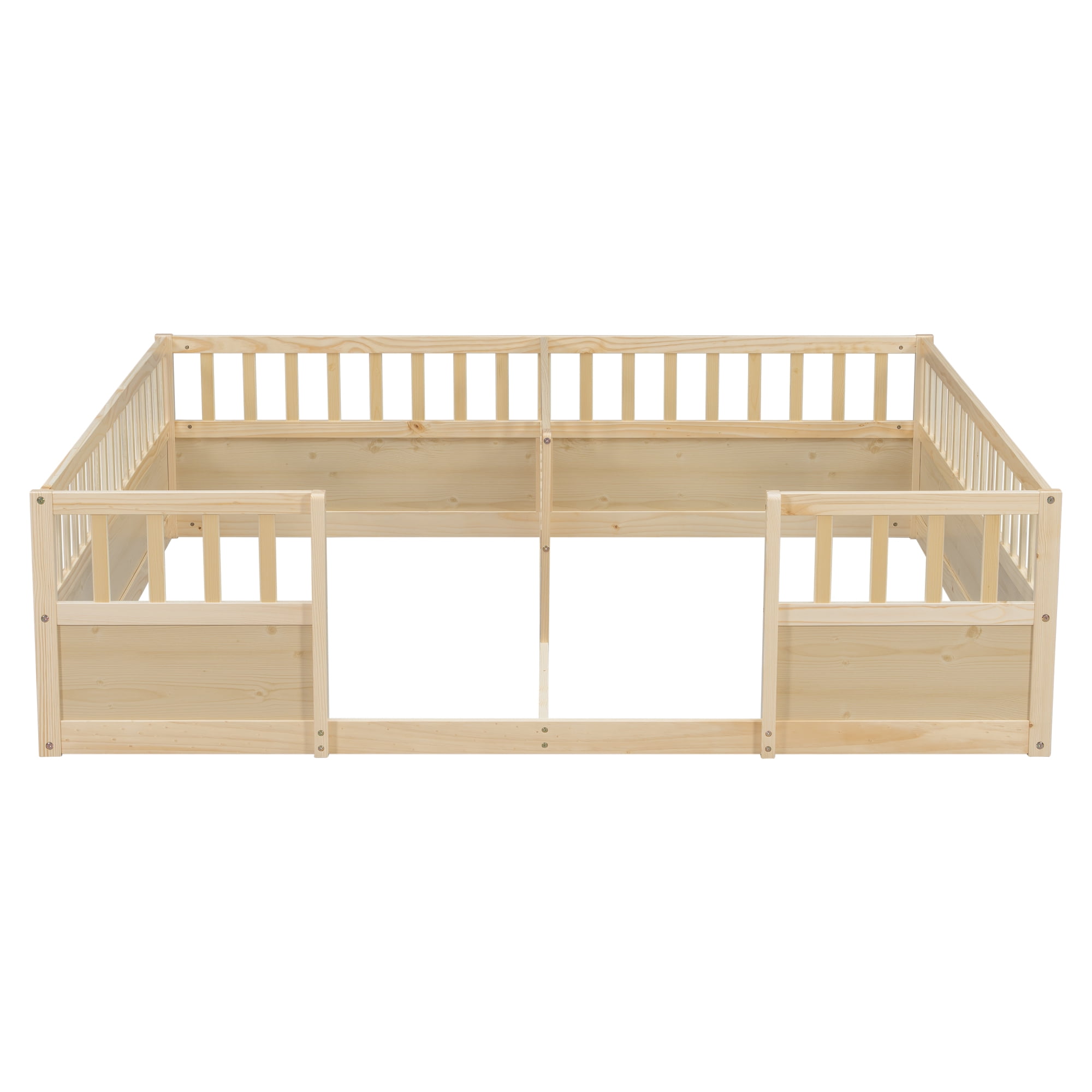 Leumius Double Pine Wood Twin Floor Bed with Semi-Enclosed Safety Guardrails, Open Entrance for Kids Bedroom Natural