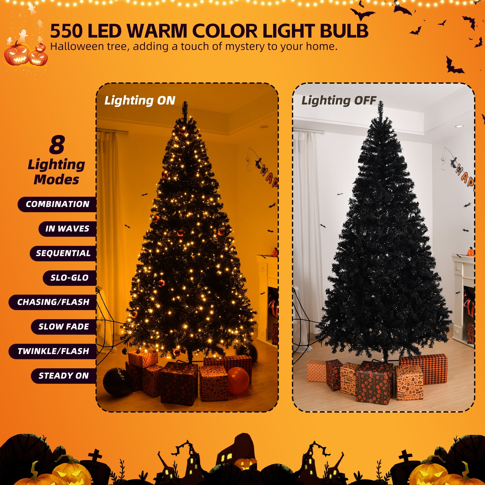 8 FT Pre-lit Artificial Christmas Tree, Hinged Xmas Pine Tree with 1450 Branch Tips, 550 Lights and Remote Control for Holiday Party Office Home, Black