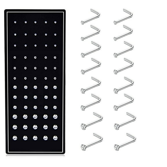 Avaner 60Pcs Hypoallergenic Nose Studs for Women Men Stainless Steel CZ Nose Piercing Jewelry L Shaped Nose Rings Bone Studs Screw Piercing 20G 1.5mm 2mm 2.5mm 3mm