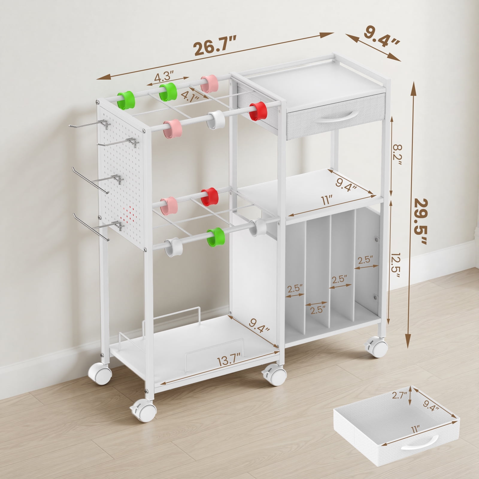 Advwin Gift Wrapping Paper Storage Cart with Drawer, Rolling Gift Wrap Station with Ribbon & Gift Bage Storage, Multi-purpose Craft Organizer Rack for Home, Office, School or Gift Shop, White