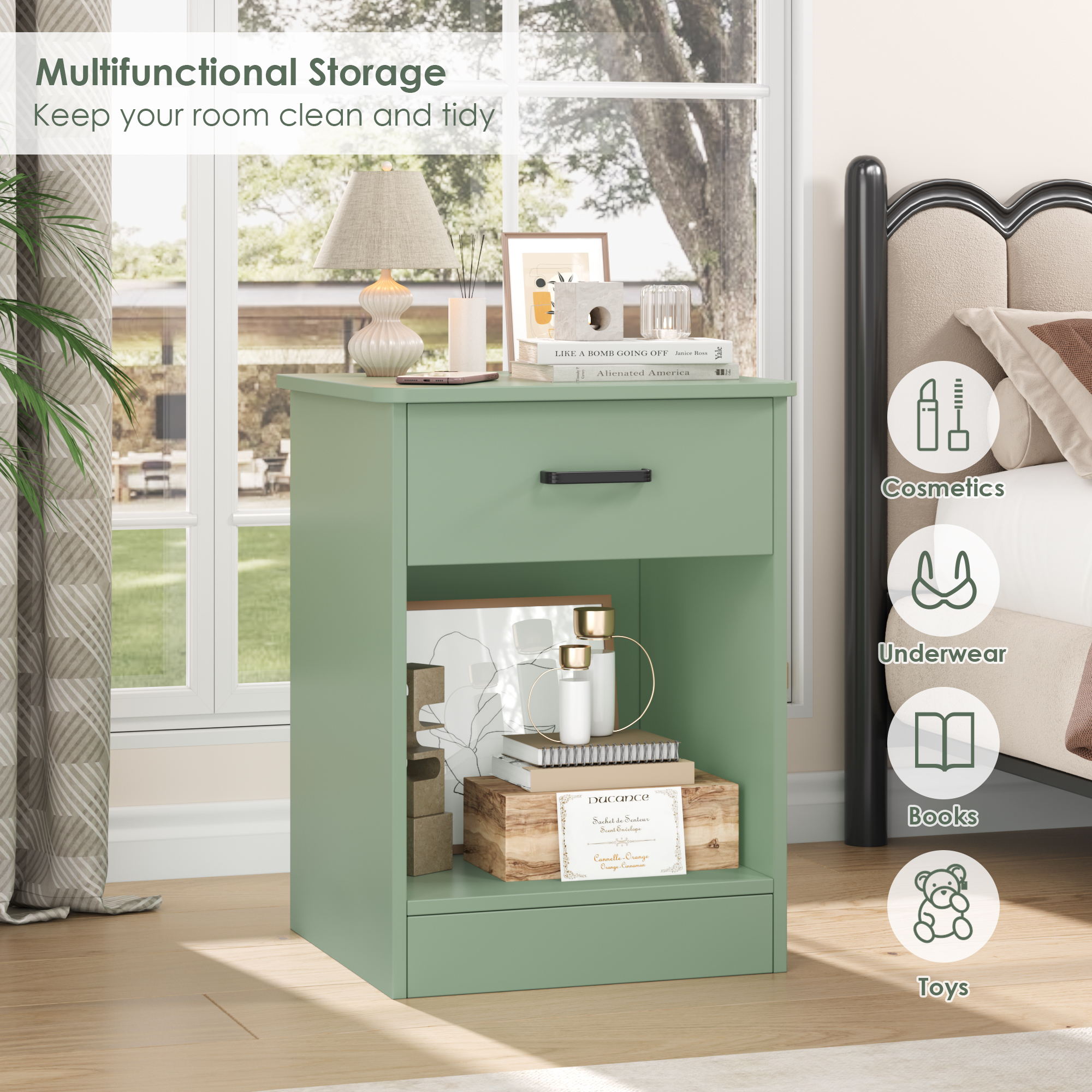 Homfa Nightstand with Drawer，2 Tier Modern Night Stand Side Table for Bedroom Living Room, Green