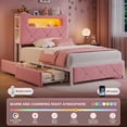 thumbnail image 4 of Hijob Twin Size Bed Frame for Girls/Kids with 2-Tier Storage Headboard, Velvet Upholstered Platform Bed with 2 Storage Drawers, Built in Charging Station & LED, Pink, 4 of 13
