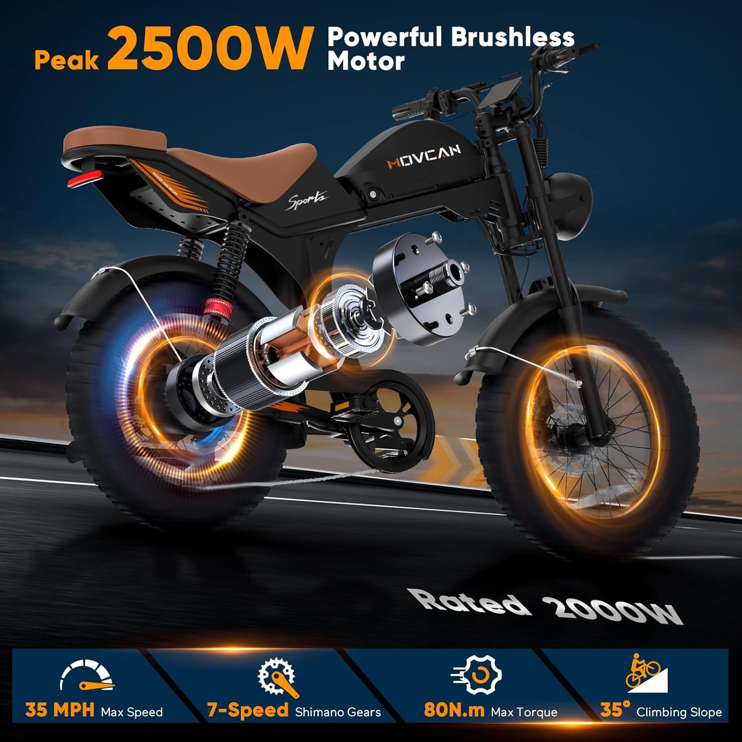 Movcan V70 Electric Bike for Adults, Peak 2500W 35mph 52V 23.4Ah Mountain Ebike,20" Fat Tire Full Suspension UL2849