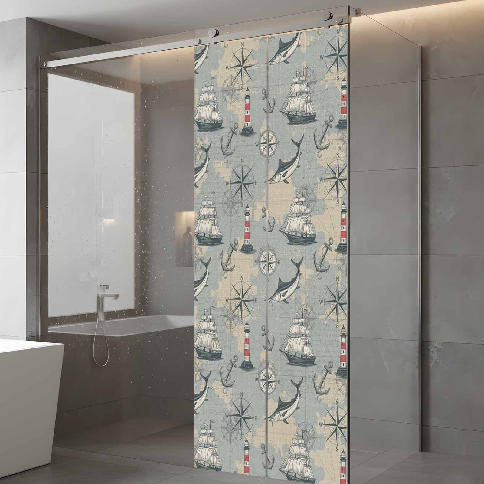 Blue Grey Nautical Window Privacy Film, Vintage Boats Seaports Maps Fish Linen Frosted Glass Window Clings Static Cling UV Heat Blocking Reusable Door Sticker for Bathroom 23.6 x 59 Inch