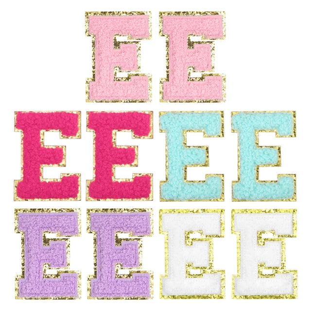 Parche de letras de chenilla autoadhesivo, letras del alfabeto E, pegatinas para reparación de ropa (multicolor, paquete de 10)