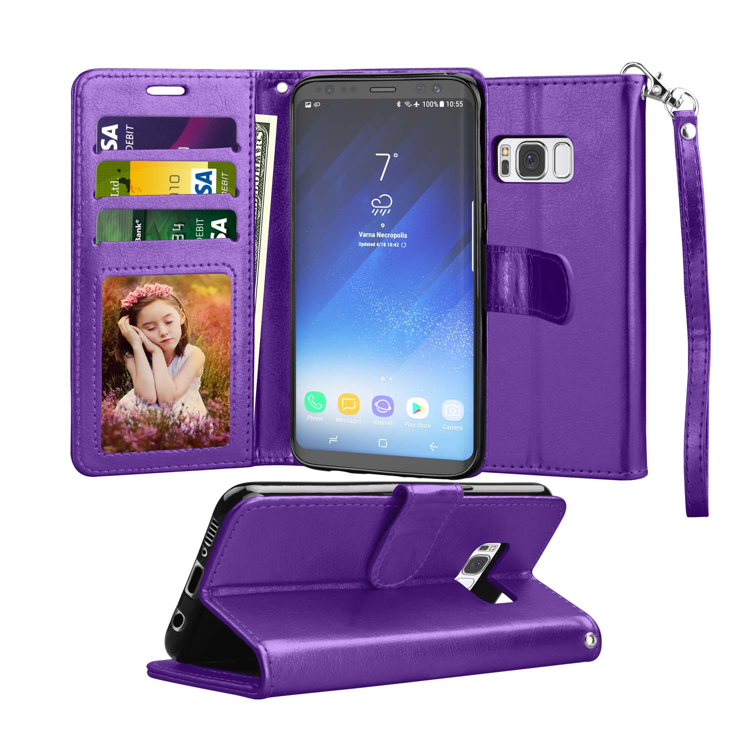 Tekcoo Galaxy S8 / S8 Plus Wallet Case, for Galaxy S8 / S8+ PU Leather Case, Tekcoo [Purple] PU Leather [3 Card Slots] ID Credit Flip Cover [Kickstand] Cover & Wrist Strap - image 1 of 5
