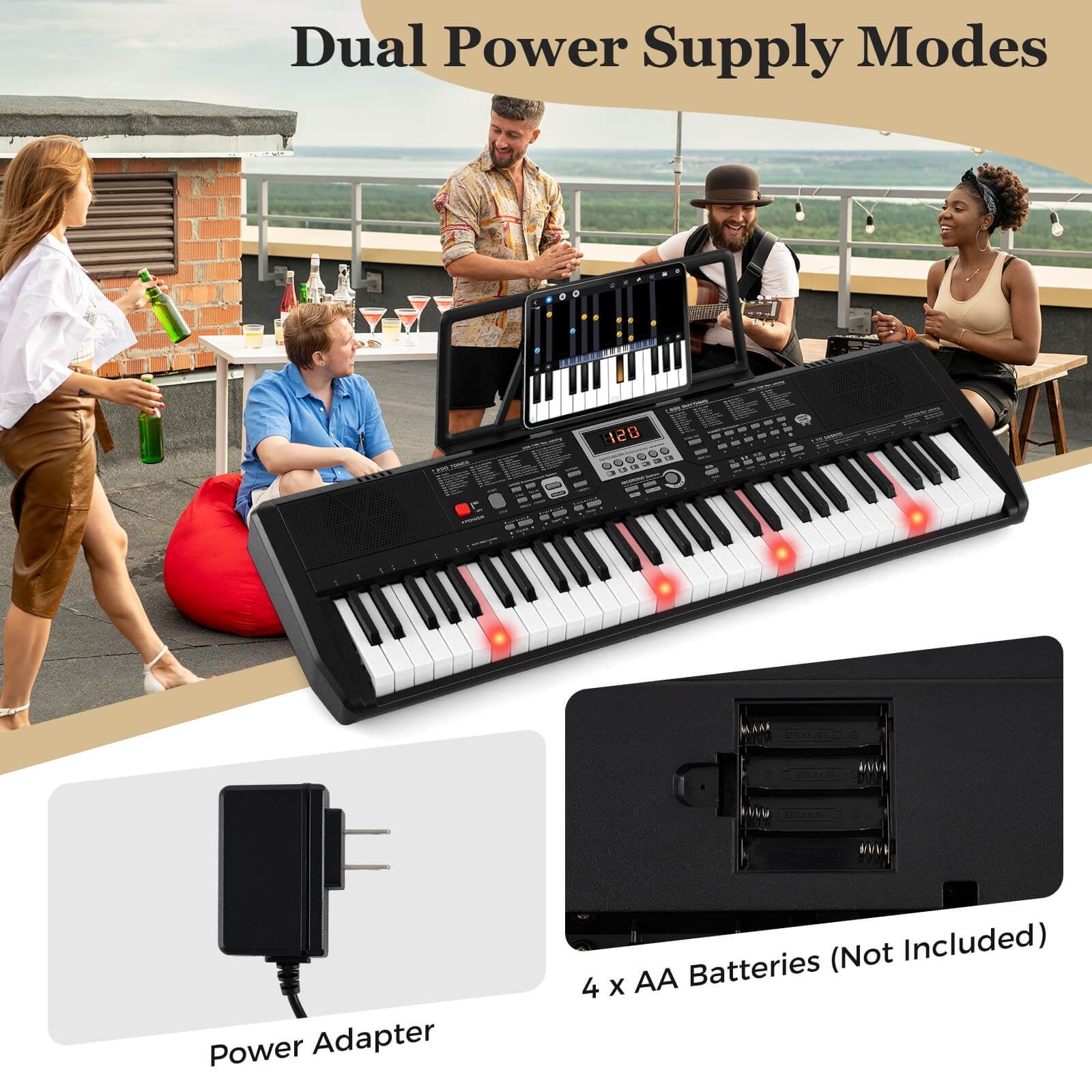 Costway 61 Keys Portable Keyboard with 200 Rhythms 200 Tones 70 Demos Note Sticker, Black