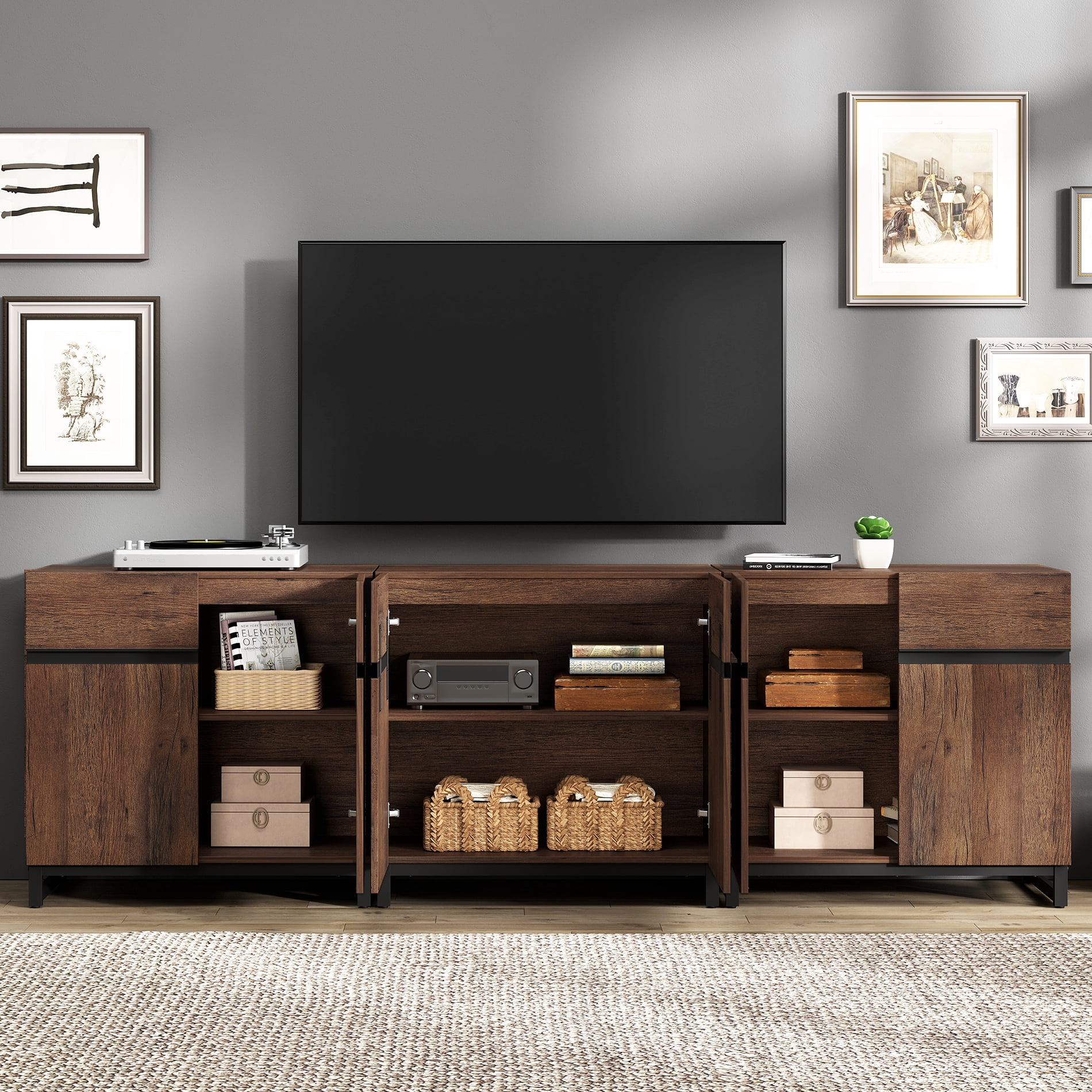 WAMPAT 94.5" TV Stand with Doors,Modern TV Stand for TVs up to 110 Inch,3 Packs Wood Entertainment Center with Adjustable Shelves & Metal Base.