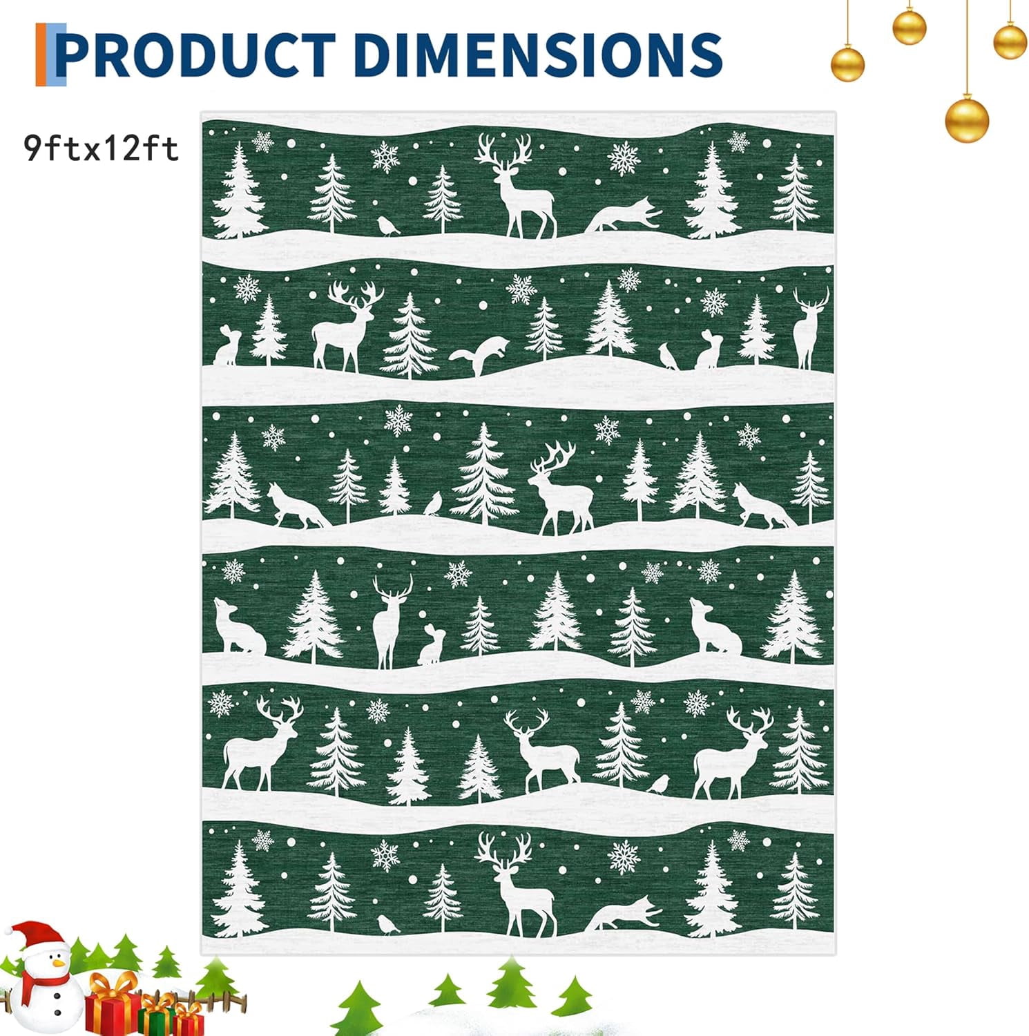 Garvee 9x12 ft Christmas Rug, Washable Non Slip Low Pile Carpet, Xmas Tree Reindeer Snowflake Indoor Rug for Entryway, Kitchen, Living Room, Green