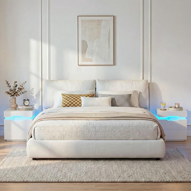 Lacoo Modern End Table Set of 2 with LED Lights & Charging Station, White Nightstand with 2 Drawers & Upper Storage for Living Room Bedroom, 2 Drawer