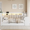 thumbnail image 4 of Harper & Bright Designs Full Size Corner Daybed with Storage Shelves & Trundle, Wood Corner Bed with Charging Station & LED Light, Desk & Upholstered Headboard and Backrest, White, 4 of 14