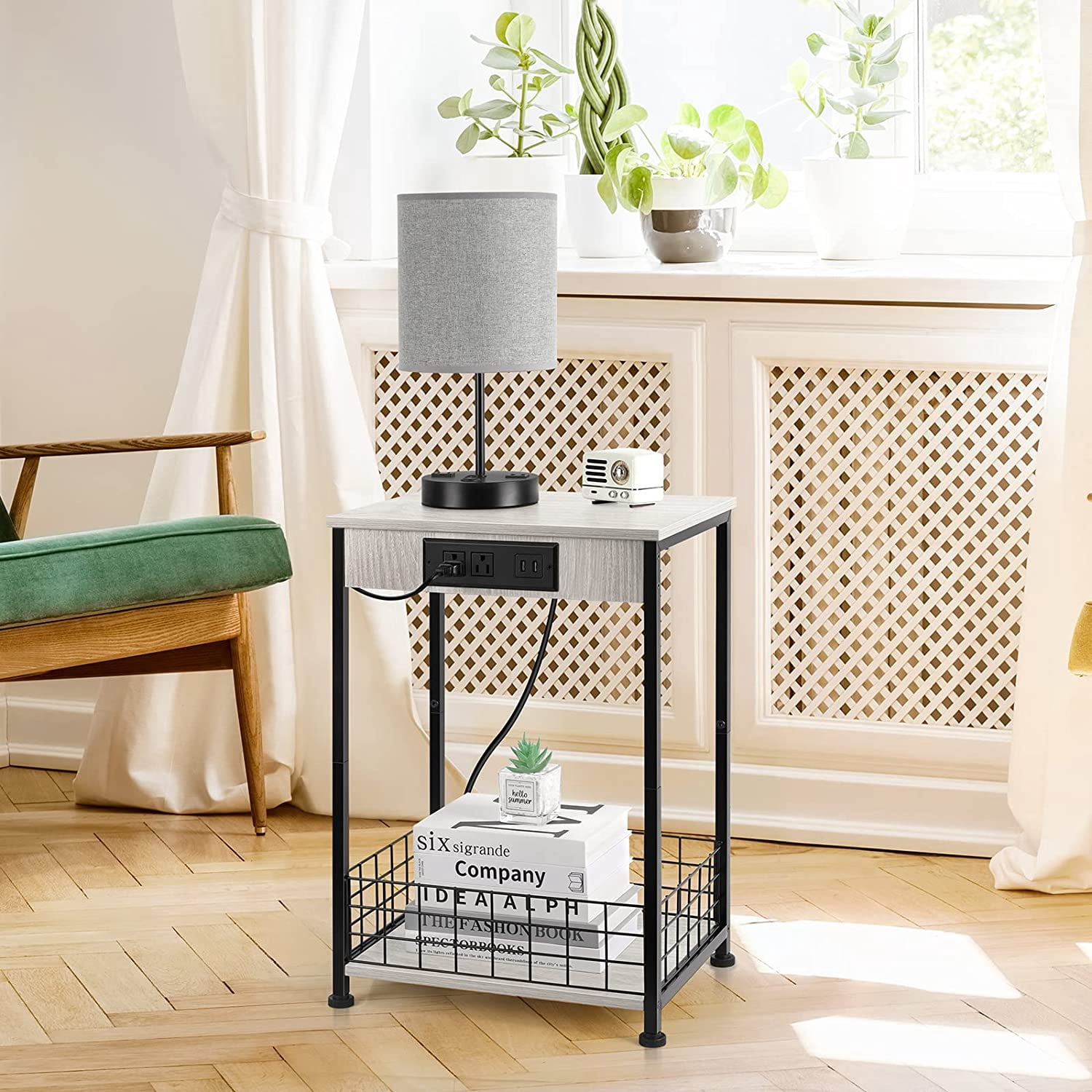 Oumilen Adult 2 Tier Nightstands End Tables with Charging Station and Storage Basket Set of 2, White