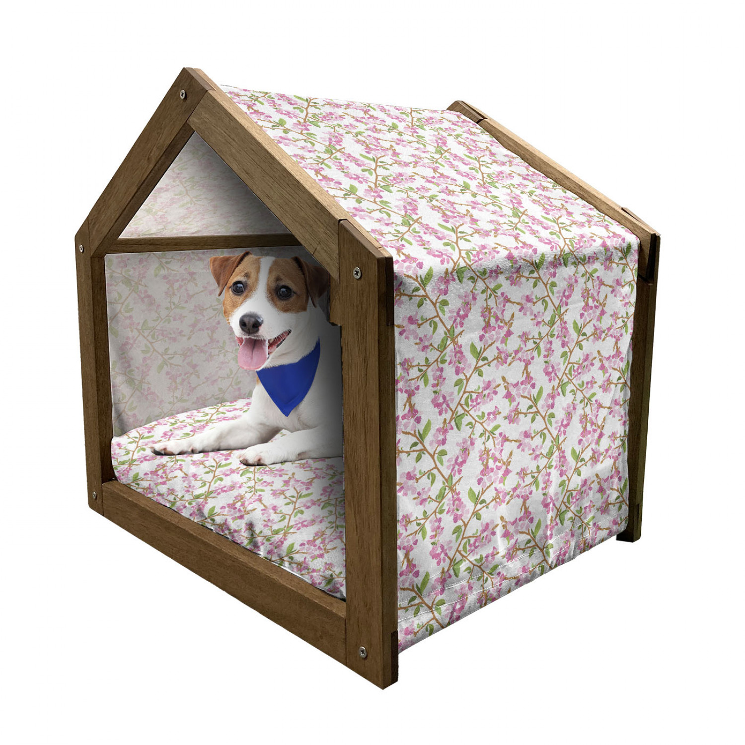 Floral Patterned Wooden Dog House with Canopy and Pillow