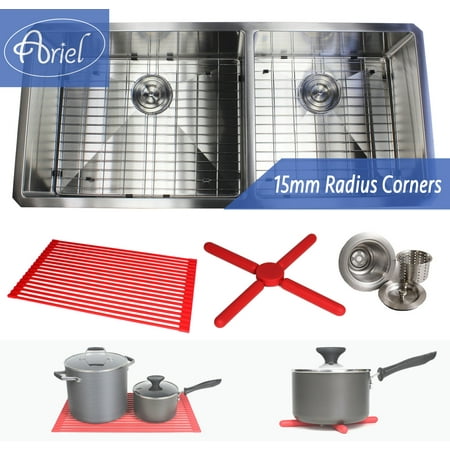 - Ariel 42 Inch 16 Gauge Undermount Double Bowl Stainless Steel Sink Premium Dish Rack Package 15mm Radius Design