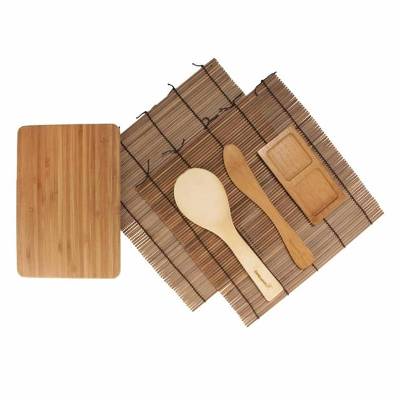 BambooMN Sushi Maker Kit - 2x Carbonized Brown Sushi Rolling Mats, Rice Paddle Spreader, Sushi Sauce Dish, and Cutting Display Board