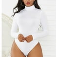 thumbnail image 2 of Women's Long Sleeve Bodysuit - Turtleneck, Slim Fit, Pure White Color, High Elasticity, Snap Closure - Size M, 2 of 6