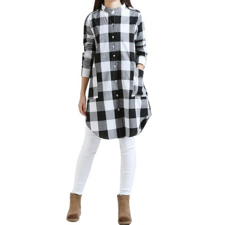 EFINNY Women Plaid Cotton Linen Shirt Dress