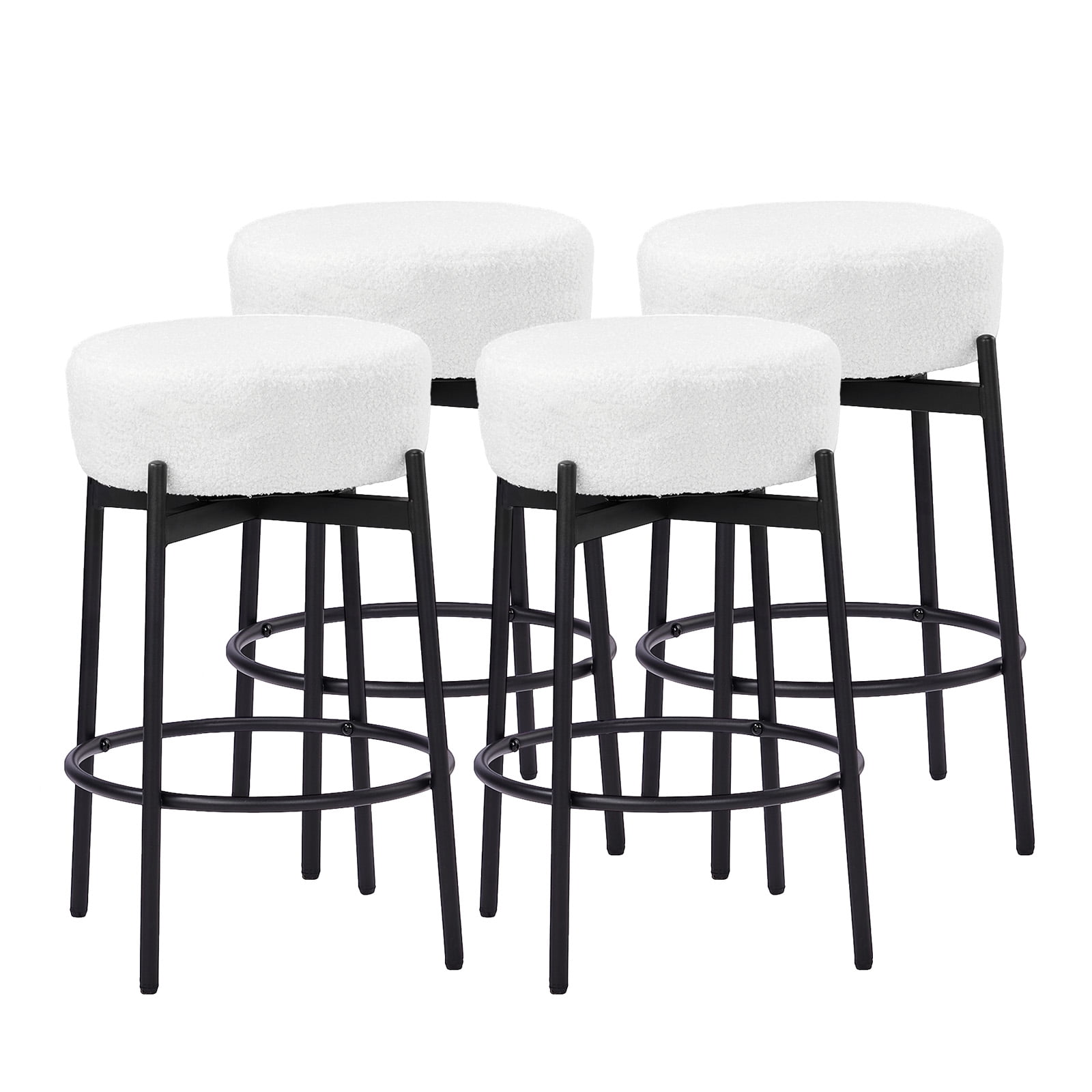 Ktaxon 26" Backless Bar Stools Set of 4, Modern Swivel Barstools with Footrest, Teddy Fleece Padded Counter Height Barstool Chairs 4 pcs, White