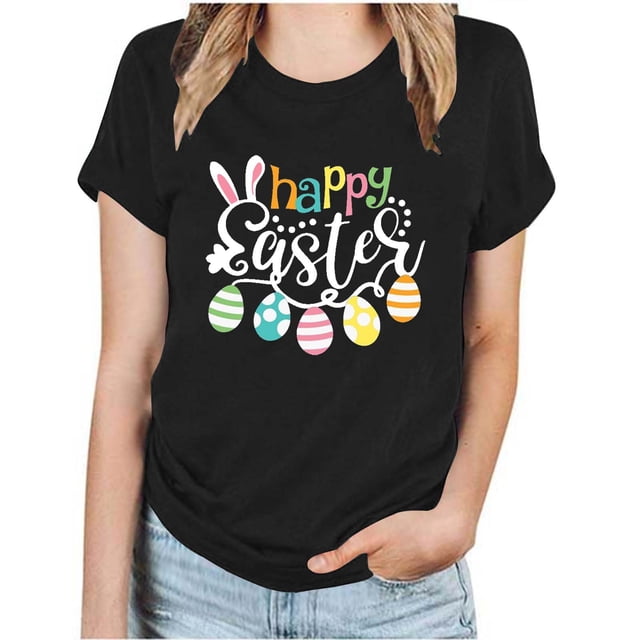 RKSTN Hauts pour Femmes Décontracté Été Ample Grande Taille Imprimé Graphique Lapin de Pâques Blouse Mode Col Rond Manches Courtes T-shirt