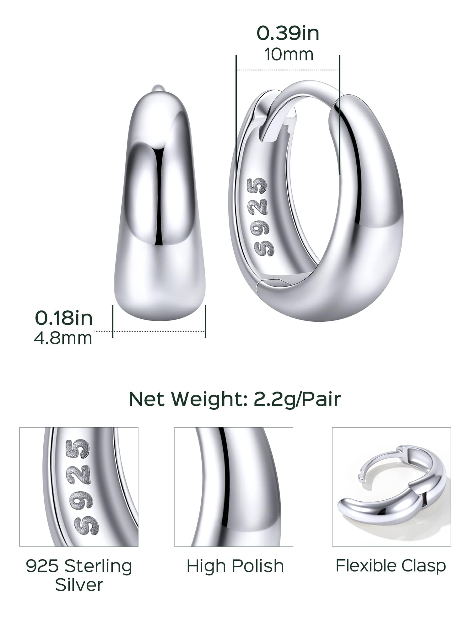 ChicSilver Solid 925 Sterling Silver Chunky Hoop Earrings for Women Hypoallergenic Thick Huggie Earring Wide Hoops Everyday Hoop Earrings