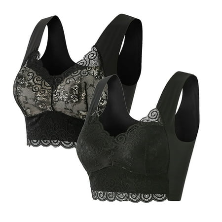 ATOYSOY Women s 2 Pack Plus Size Everyday Bra Slim Basic Tank Tops Lace Splicing Small Cup Wirefree Clearance Bralette Underwear Teens Breathable Comfort Bra Push Up Black XXXXL