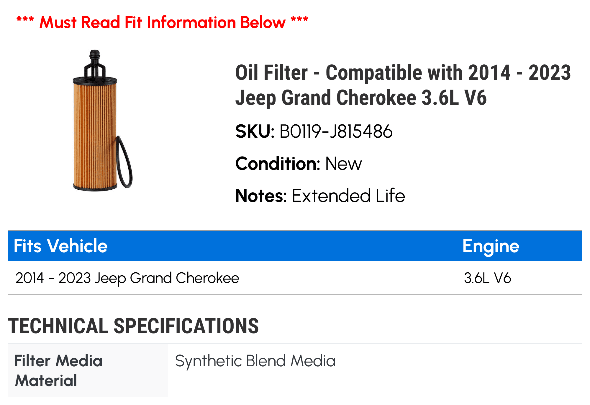 Oil Filter - Compatible with 2014 - 2023 Jeep Grand Cherokee 3.6L V6 2015 2016 2017 2018 2019 2020 2021 2022