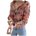 thumbnail image 2 of ICHUANYI Liquidación Moda Mujer Gasa Manga Larga Puff Impreso Cuello En V Camisas con Botones para Mujer ICHUANYI WER202308231138, 2 of 9