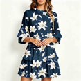 thumbnail image 4 of ClodeEU Women's Floral Print Round Neck 3/4 Bubble Sleeve Waist Tie Ruffle Mini Dress,Elegant Casual Swing Dress Navy,Women's Plus M, 4 of 5