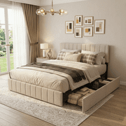 Queen Upholstered Platform Bed Frame with Headboard, 4 Under-Bed Drawers, Noise-Free, No Box Spring Needed, Easy Assembly, Modern Bedroom Furniture - Beige