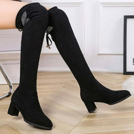 

Zedker Platform Ankle Boots for Women Knee High Womens Boots Women s Winter Flock Over-The-Knee Boots Round-Toe Bowknot 6Cm High Heels Boots