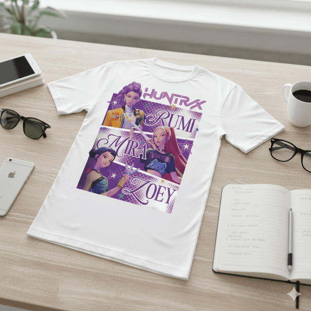 PLAYERA INFANTIL KPOP DEMON HUNTERS DISEÑO HUNTRIX COLOR BLANCO TALLA 6