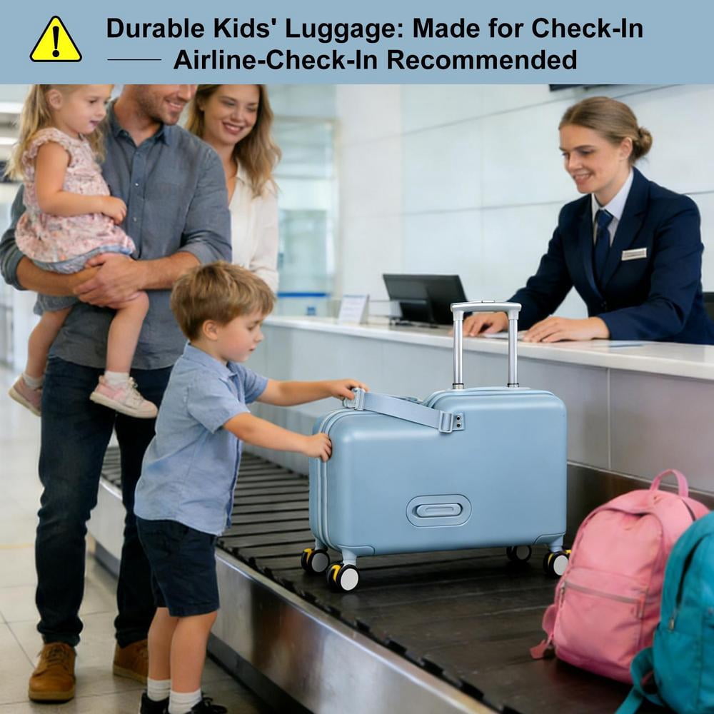 Kids Ride on Suitcase 20 Inch, Childrens Travel Carrier Cabin Case with Foot Pedal Spinner Wheels and Safe Harness Stroller for Boy Girl Travel(Blue)