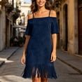 thumbnail image 4 of Karymi Solid Off Shoulder Spaghetti Strap Mini Dress, Short Flutter Sleeve Loose Tunic Fringe Hem Boho Western Casual Sundress Spring Dresses, 4 of 8