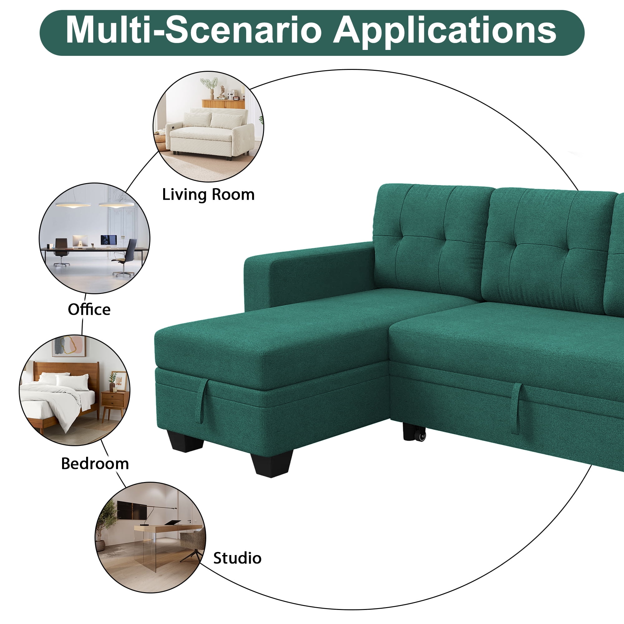 DEALTOPS Linen Reversible Sleeper Sectional Sofa Bed with Storage Chaise,Green