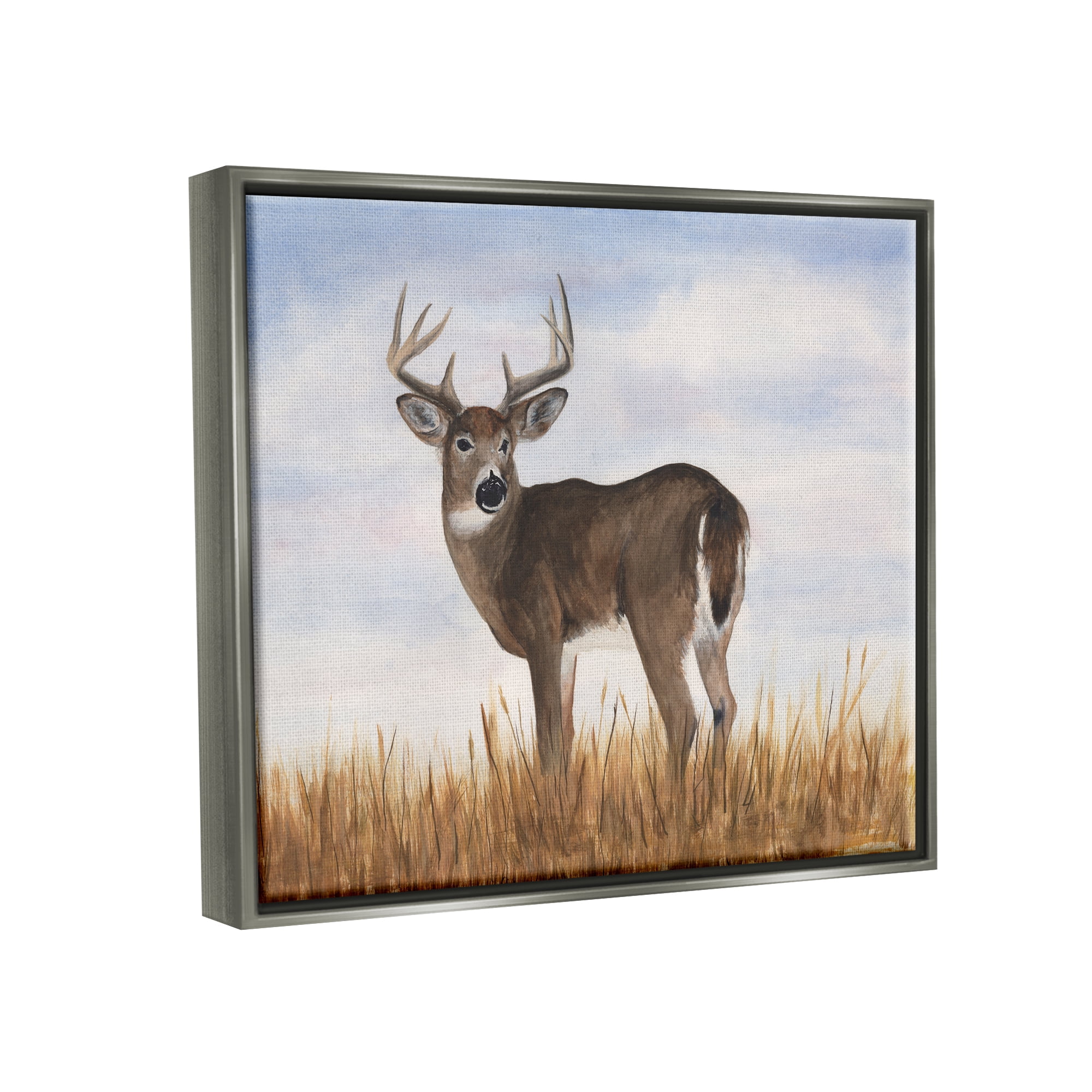 Stupell Industries Deer in Country Grass Animals & Insects Painting Gray Floater Framed Canvas Art Print Wall Art, 21 x 17