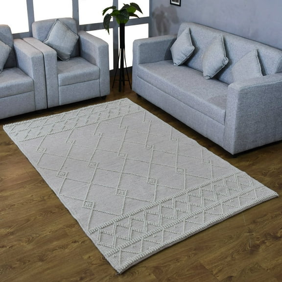 Rugsotic Carpets Hand Woven Flat Weave Kilim Wool & Cotton Eco-Friendly Area Rugs- 5'X7'6'', Rectangle, White Pink, Contemporary Design, Low Pile Handmade Area Rugs For Living Room, Bed Room (Dwc001)