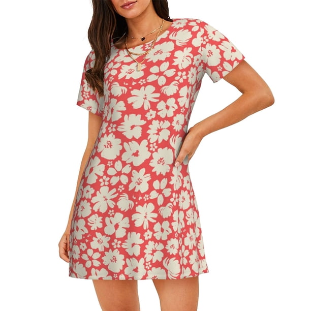 Fotbe Beige Flowers Bata de Dormir para Mujer con Estampado, Camisón de Algodón de Manga Corta, Ropa de Dormir Casual