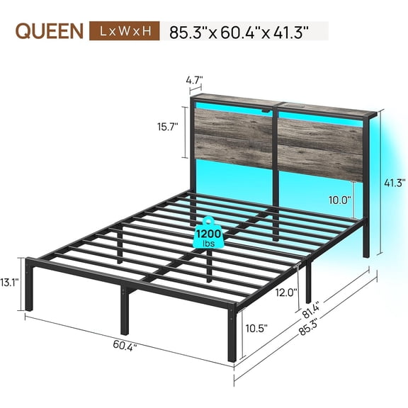 Queen Bed Frame with Charging Station, LED Lights, Wood Headboard & Storage