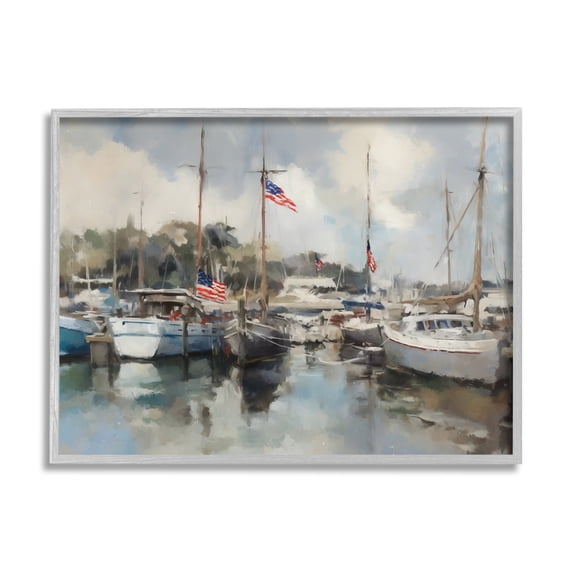 Stupell Industries Boats with American Flags Transportation Painting Gray Framed Art Print Wall Art, 14 x 11
