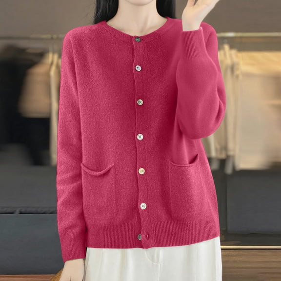 ZHOGXU Women's Cardigan With Pocket Long Sleeve Open Front Buttons Solid Color Knit Comfortable Slim Fit Coat Jacket For Casual Daily Wear Hot Pink M