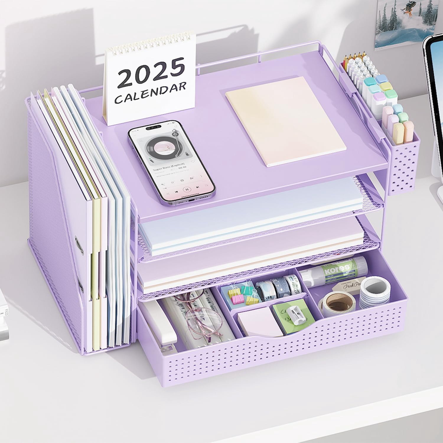 Wood Desk Organizers And Accessories With File Holder  4-tier & Workspace Drawer Pen Paper Organizer For Office Supplies (purple)