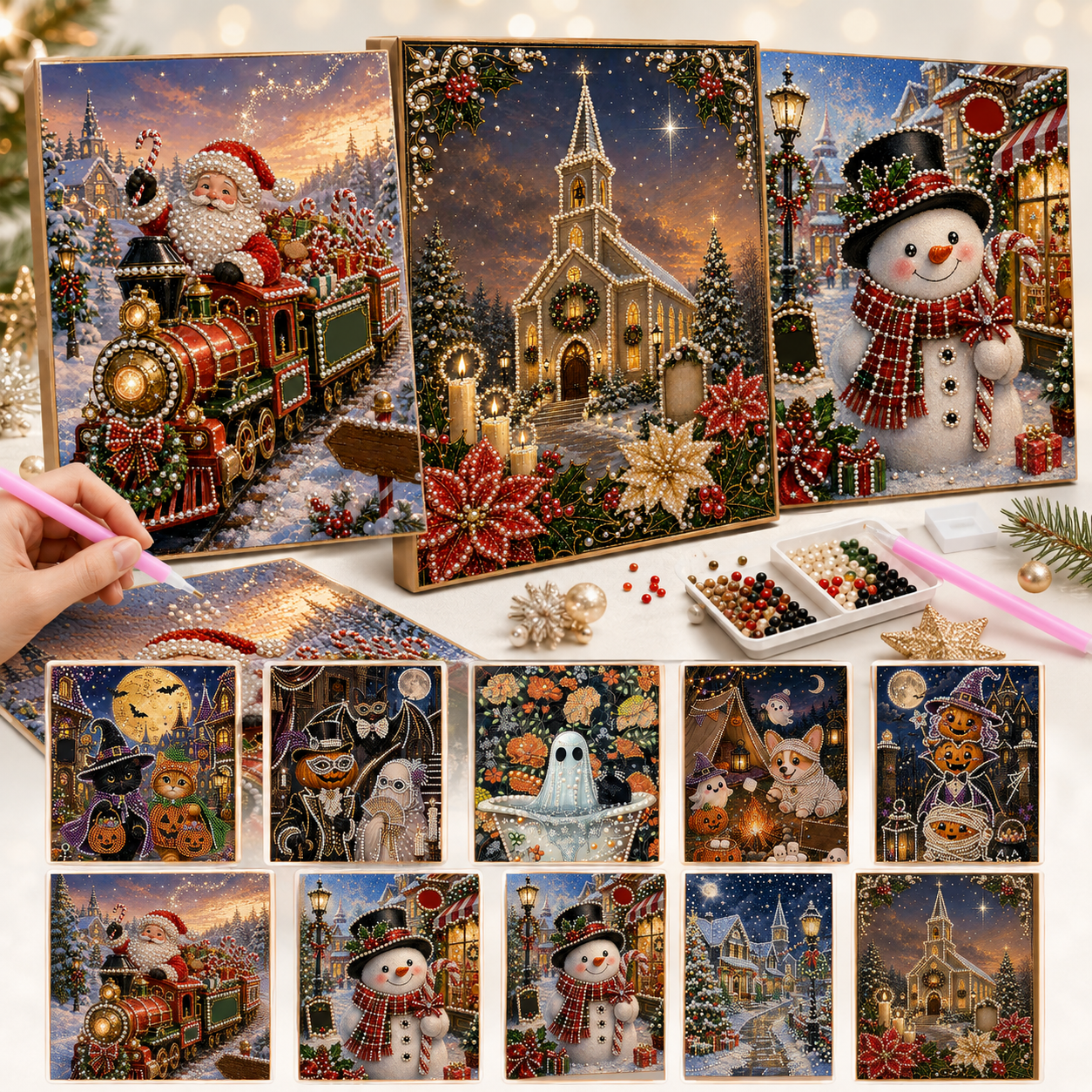 Pearl Art Kits for Adults, DIY 3D Pearl Diamond Painting Kit with Round Beads and Sparkling Gems, Relaxing Craft Project for Beginners, Seasonal Holiday Wall Decor Home Artwork Gift