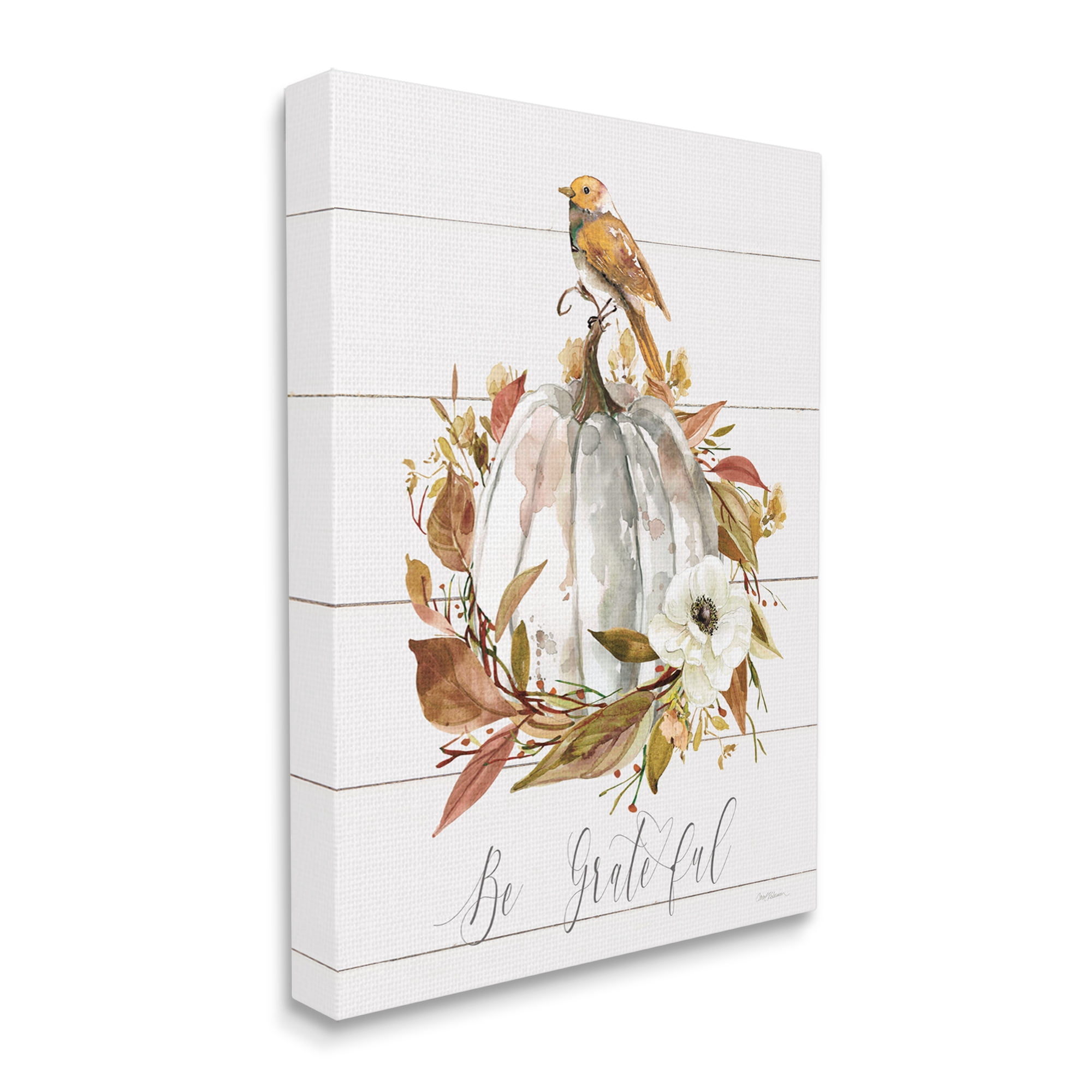 Stupell Industries Be Grateful Fall Pumpkin Botanical & Floral Painting Gallery Wrapped Canvas Art Print Wall Art, 16 x 20