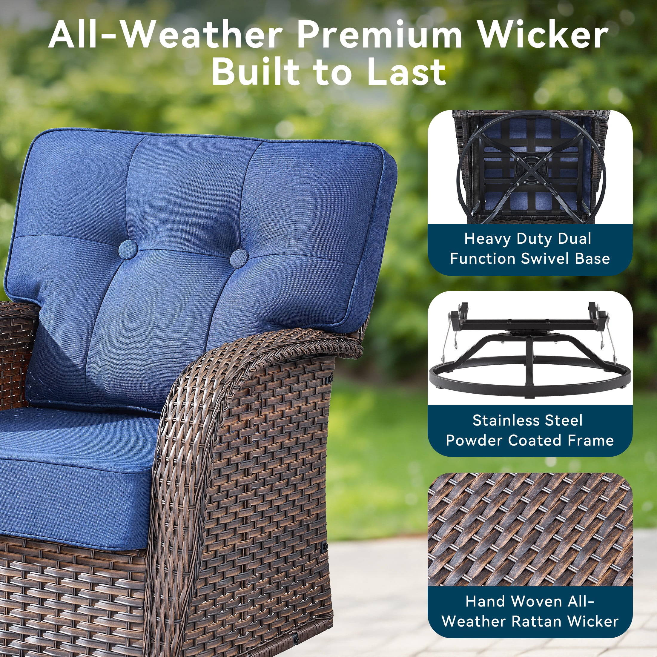 Unnifurnzi 4 Pieces Patio Furniture Set with Fire Pit Table-All Weather Wicker Patio Conversation Sets with Swivel Patio Chairs Outdoor Couch for Deck Porch Garden Balcony Poolside-Brown/Blue