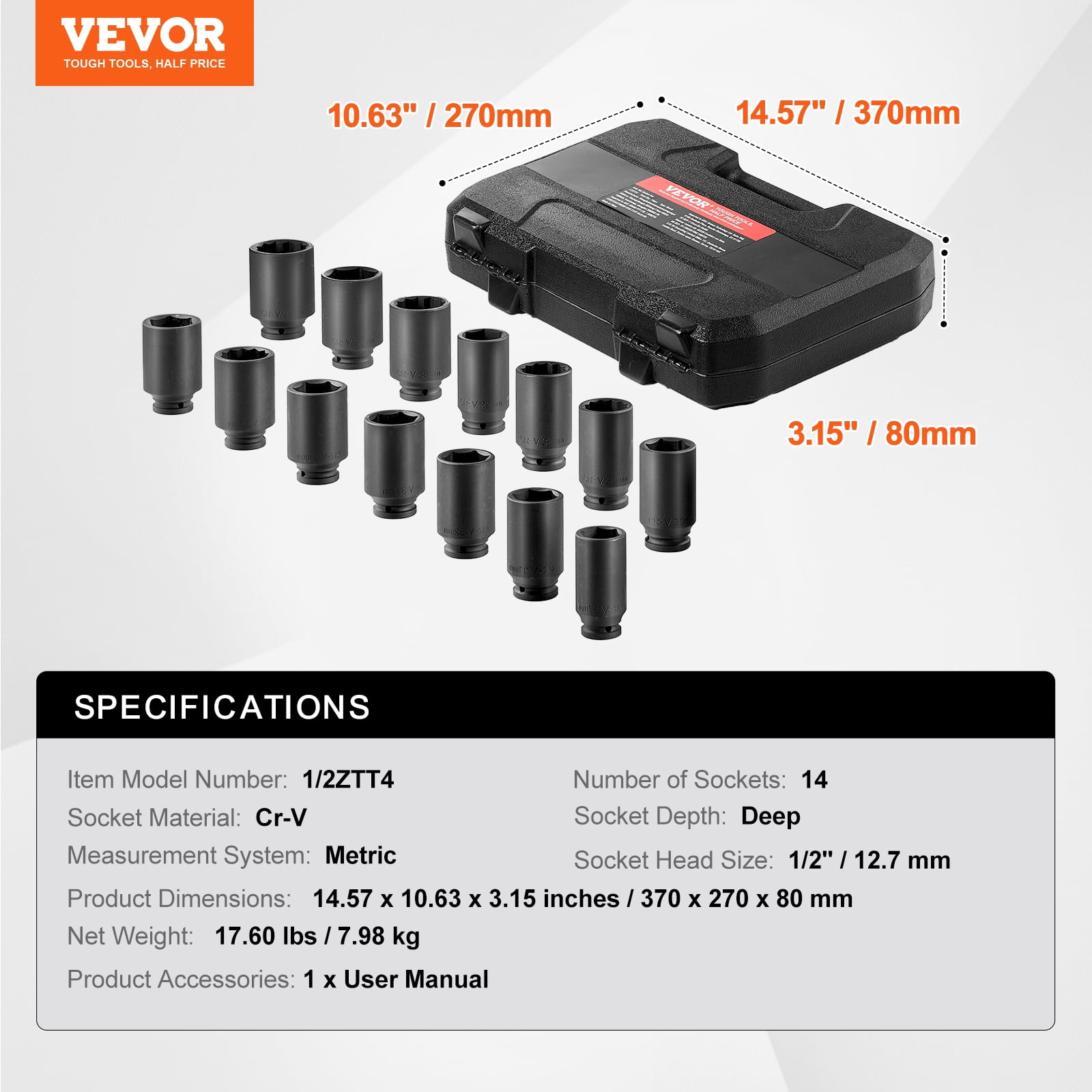 VEVOR Axle Nut Impact Socket Set, 1/2" Drive Deep 6+12-Point 14-Piece Metric Spindle Nut Socket Set, CR-V Heat Treated Large Socket Set with Storage Case, Auto Repair,Removing or Installing Axle Nuts