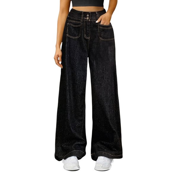 Women's Retro High Waist Double Button Wide Leg Jeans All-Season Stretch Comfort Mom Jean Fit Commute Ready Tummy Control Dark Wash Cotton Blend Black S
