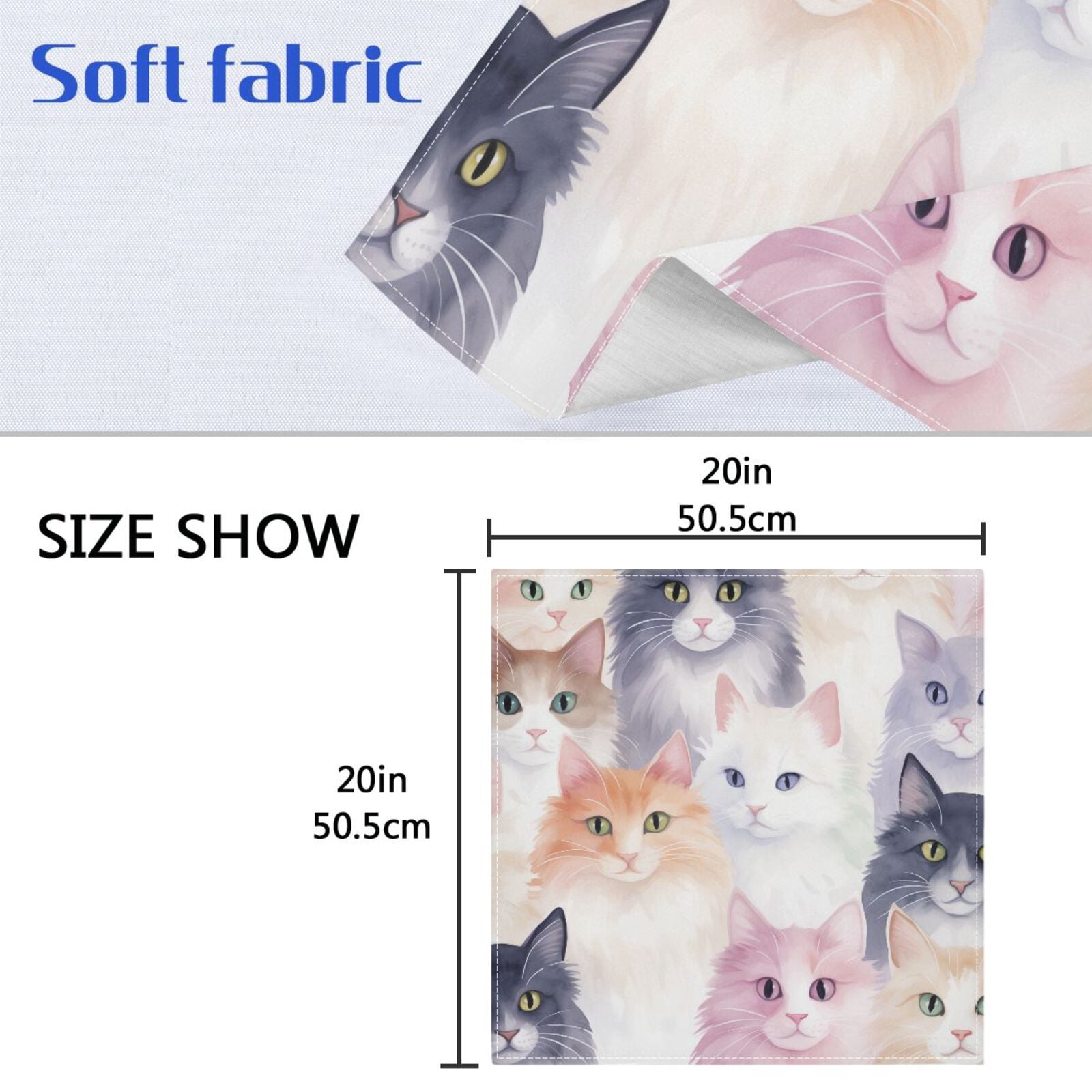 JSTEL Watercolor Cats Kitten Cloth Napkins Set of 6, 20x20 Inch Washable and Reusable Napkin for Decoupage Dinner Party Everyday Use