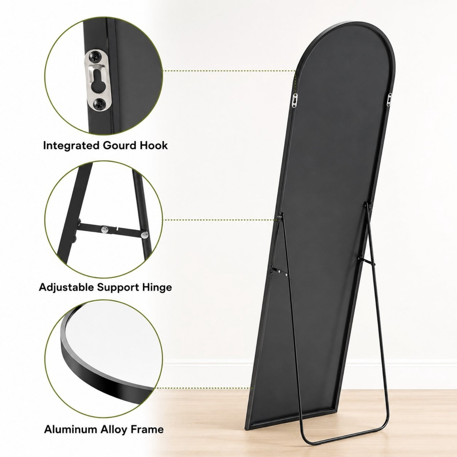 Lumora 16.2"x59" Full Length Arched Standing Floor Mirror, Black