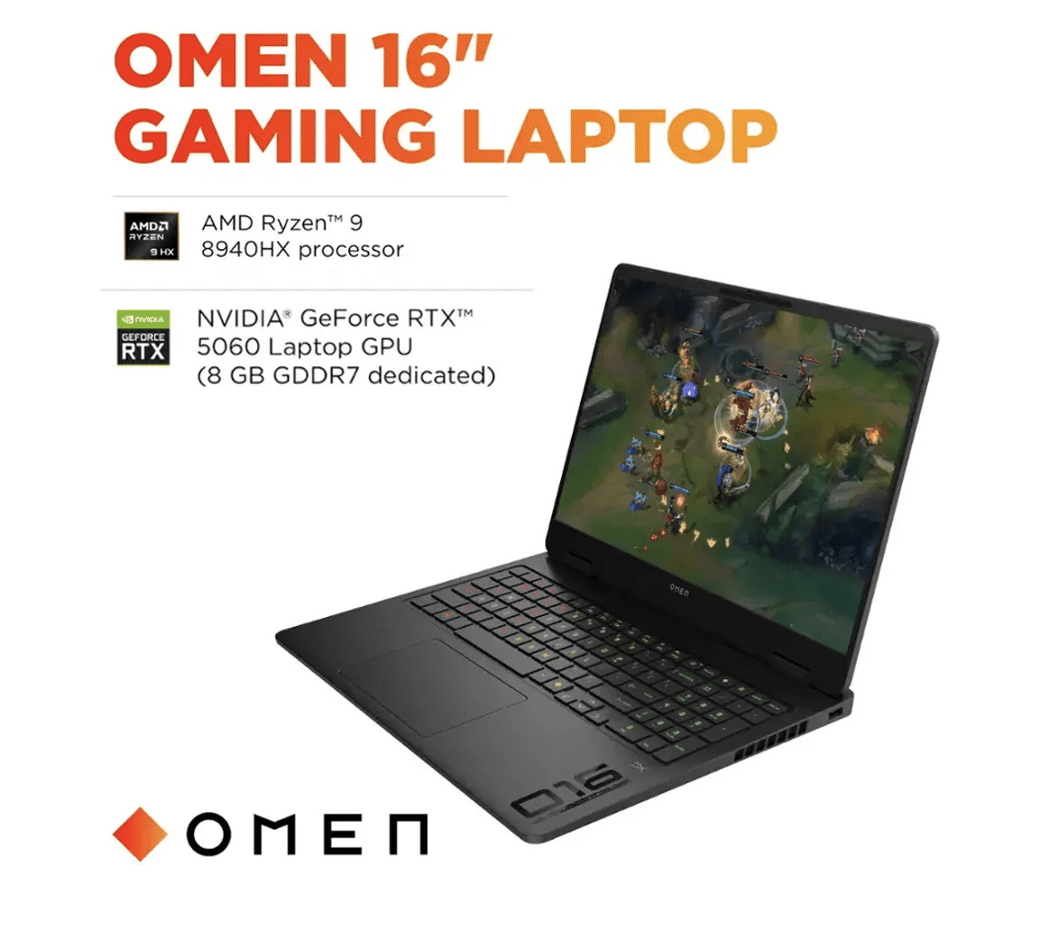 HP OMEN AI Gaming Laptop 16.0in 144Hz IPS WUXGA Display (AMD Ryzen 9 8940HX, NVIDIA GeForce RTX 5060 8GB, 32GB DDR5, 1TB PCIe SSD, 3-Zone RGB KB, WiFi 6E, Webcam, Bluetooth 5.4, Win 11 Pro)